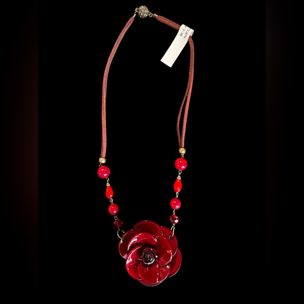Red Floral Statement Pendant Necklace - Women Jewelry - Picture 2 of 2